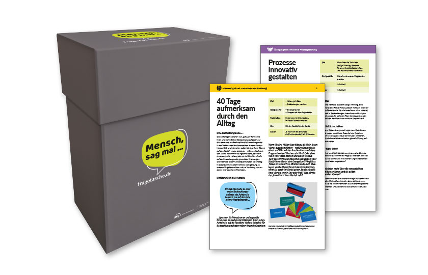 Abbildung der Projektbox, neben der zwei exemplarische Arbeitsbögen abgebildet sind.